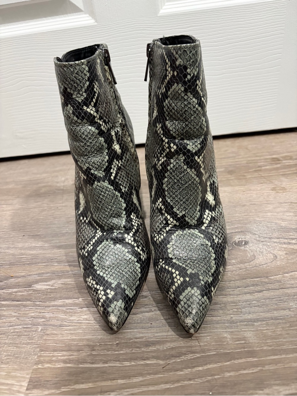 Sam Edelman Snake-Print Pointed Ankle Booties in Black and Gray